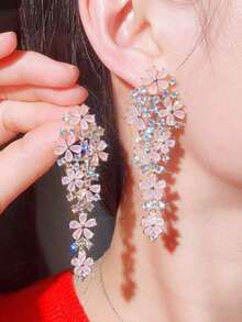 1 Pair Luxury Light Pink Cubic Zirconia Pave Flower Cluster Dangle Drop Long Earrings For Women, Wedding & Party Jewelry Accessories - Hồng - Xem 1