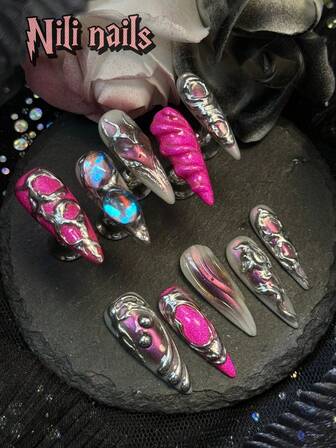 Get Romantic With Hand Made 10Pcs Long Stiletto Shape EuropeanStyle Gradient Purple Red French Tips Funny Full Coverage Fake Nails Set HotGirl Style 3D Three-DimensionalDecoration Bead Stars And RhinestoneDecor Punk Full Cover Press On Nail KitFor Girls And Women With 1Pc Mini NailFile & 1 Sheet Adhesive Tabs ModernGradient Rose Red Cat Eyes False Nails Nail Supplies Nails