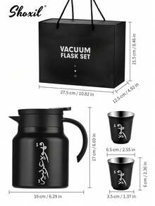 shoxil 3pcs/Set Stainless Steel Arabic Coffee Pot Set – 1000ml Vacuum Insulated Coffee Carafe With 2 Double-Walled Cups, Heat & Cold Resistant, Traditional Gift For Home, Office, Serving - Black - View 12