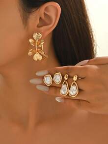 3 对巴洛克仿珍珠吊坠耳环和花形耳环套装，优雅女士派对首饰套装 - 彩色 - 查看 4