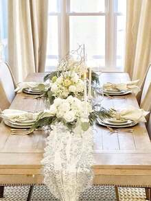 1 pieza 14*118 pulgadas Camino de mesa de encaje, Caminos de mesa de boda bordados estilo bohemio, Mantel de encaje rústico vintage para decoraciones de boda, fiesta nupcial y ducha nupcial. - Blanco - Ver 3