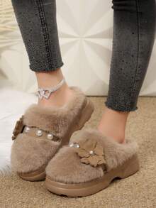 Women's Cute Shoe Decor Casual Slip-On Flat Slippers, Autumn/Winter - Khaki - View 3
