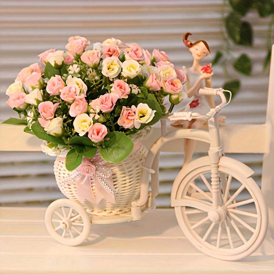 迷你三轮车造型自行车篮花瓶收纳架，适用于家庭办公室桌面装饰，桌面收纳篮，时尚人造花瓶篮，家居房间装饰玻璃花瓶