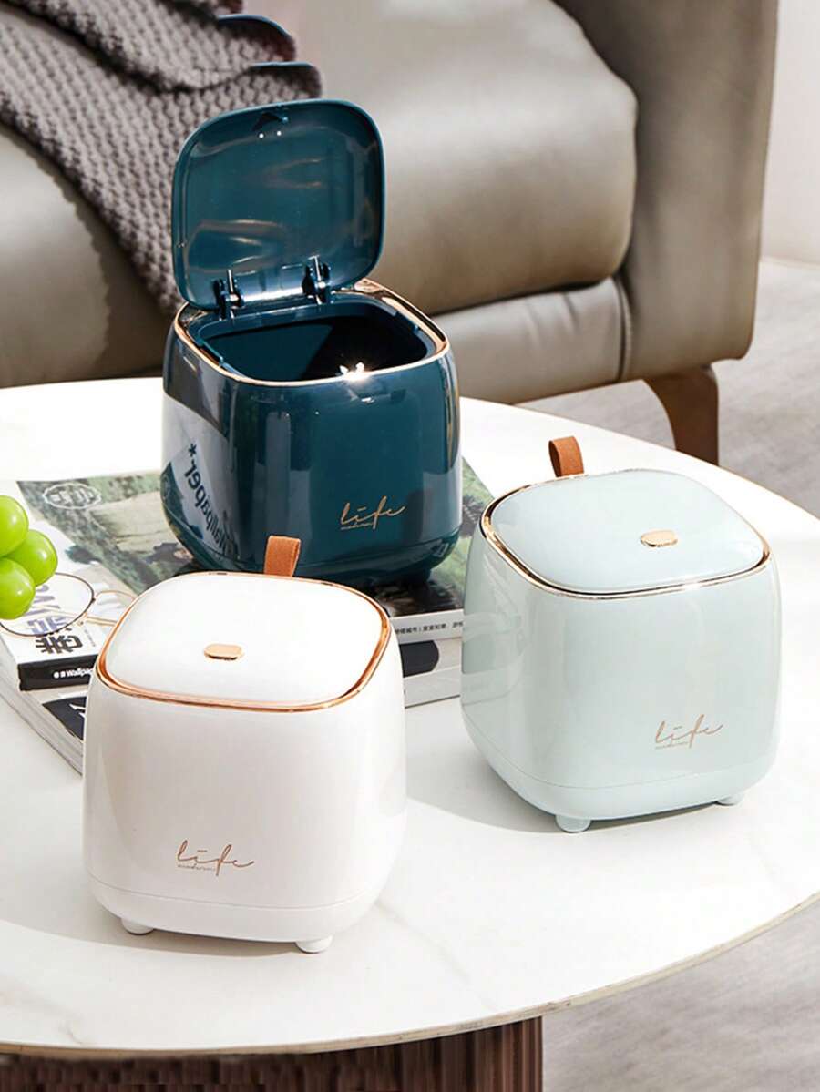 2 Pieces Set Of Luxury-Style Desktop Trash Cans, Compact Trash Bins With Lids, Push-Button Mini Trash Cans, Kitchen/Bathroom/Bedroom/Office Desktop Accessories, Home Decor, Room Decor, Household Storage & Cleaning Supplies