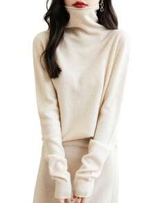 Women's 100% Merino Wool Seamless Turtleneck Long Sleeve Knit Sweater - Beige - View 4