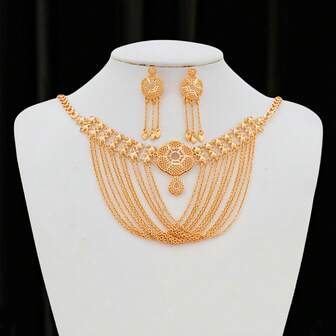 3pcs 18K Gold Plated Copper Material U-Shaped Bib Chain, Six-Leaf Flower Pendant Necklace, Elegant & Luxurious, Suitable For Wedding Brides, Mother's Day, Thanksgiving, Gift For Ladies