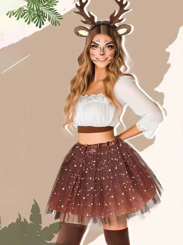 2 piezas Diademas con orejas de reno + Faldas esponjosas para fiesta de Navidad y carnaval, Juegos de accesorios de ciervo