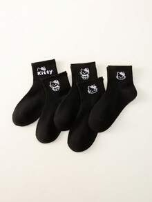 5 pares de calcetines de malla para niñas en verano, calcetines deportivos finos de estudiante con diseño de Hello Kitty y gatitos de dibujos animados en color blanco