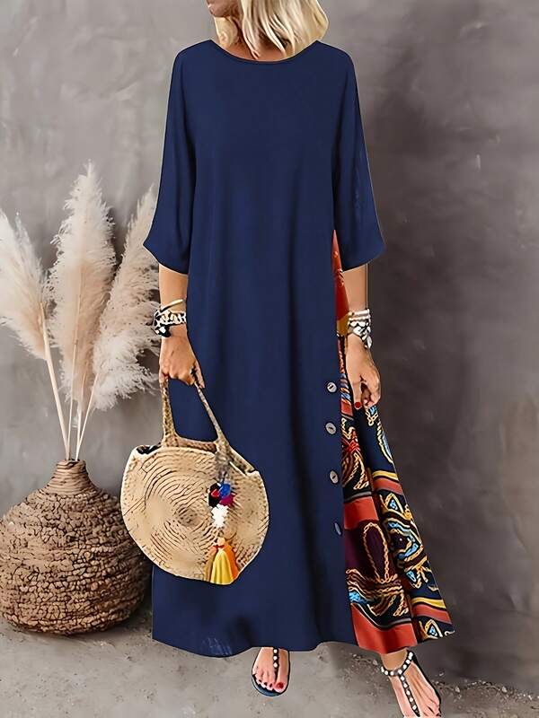 Vestido midi de manga 3/4 con parches, de talla grande, estilo casual, nueva colección primavera/verano