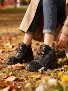 1 Pair TMA EYES Solid Color Punk Retro Casual Lace-Up Ankle Boots And Ankle Boots, Suitable For Office, Outdoor, Home Wear, All Seasons - Black - View 1