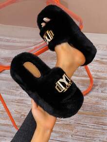 Pantuflas de plataforma esponjosas y con accesorios decorativos de moda para mujeres, suaves y cómodas, una pantufla de hogar elegante imprescindible para damas