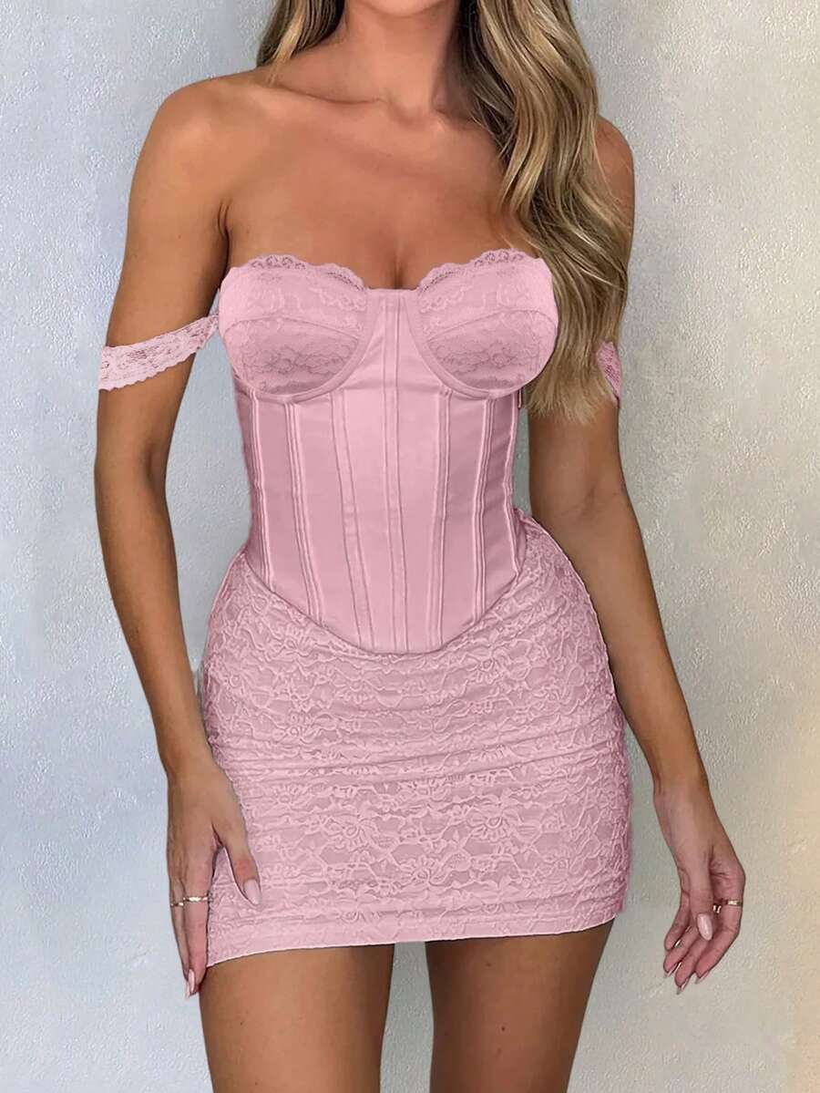 Apperloth A 优雅露脐抹胸上衣，撞色蕾丝抹胸，金属孔眼系带露背设计，钢骨收腰，适合女士情人节、夜店穿着 - 粉色 - 查看 1
