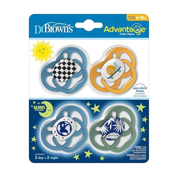 Dr. Brown's Advantage Glow-In-The-Dark Baby Pacifier, Fully Symmetrical Soother With Soft Silicone Bulb, Skateboard Snail-Blue Nature, 6-18m,, 4 Pack