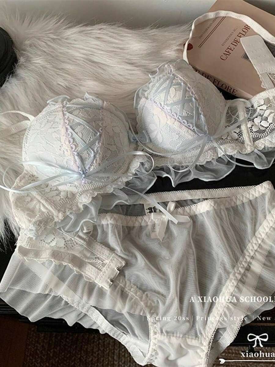 Small Busts Welcome! Sexy Bra/Bra/Underwear, Super-Boosting Bra Set, No Steel Rings - Màu xanh lam - Xem 1