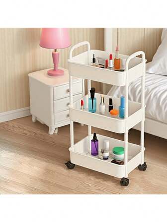 3-Tier Rolling Storage Rack With Wheels, Space-Saving For Kitchen, Bathroom, Bedroom, Office - Smooth Swivel Casters, Sturdy Plastic Construction - Modern White Multipurpose Shelving Unit For Home & Office, High-Quality Design, Essential For Small Spaces