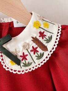 Baby Girls' Casual Long Sleeve Dress, New French Vintage Embroidered Peter Pan Collar Bow Elegant Princess Dress, Suitable For Spring & Autumn - Red - View 4