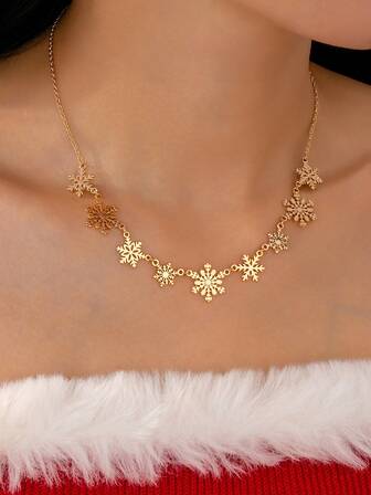 1 pieza Collar con colgante de copo de nieve de color dorado para mujer, joyería navideña de copo de nieve para invierno 2025 como regalo para ella