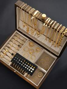 (Sin caja) Conjunto de joyas para mujer de 83/10/6 piezas que incluye: Collar con colgante en forma de corazón sencillo y de moda, Conjunto de aretes con perlas falsas y rhinestones, Conjunto de anillos apilables geométricos, Conjunto de pulseras de cadena metálica geométrica. Regalo de joyería para mujer para fiestas, bodas y ocasiones especiales. - Amarillo Oro - Ver 1