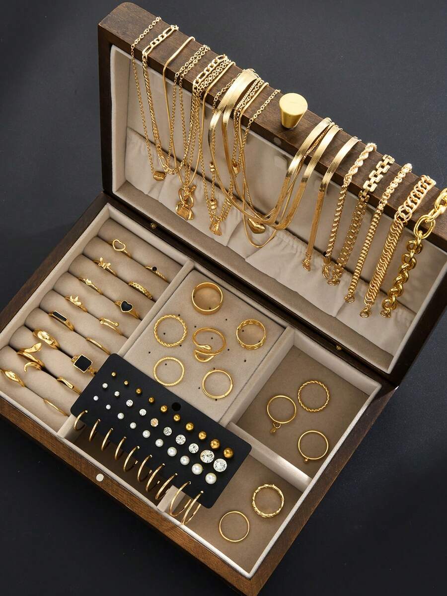 (Sin caja) Conjunto de joyas para mujer de 83/10/6 piezas que incluye: Collar con colgante en forma de corazón sencillo y de moda, Conjunto de aretes con perlas falsas y rhinestones, Conjunto de anillos apilables geométricos, Conjunto de pulseras de cadena metálica geométrica. Regalo de joyería para mujer para fiestas, bodas y ocasiones especiales. - Amarillo Oro - Ver 1