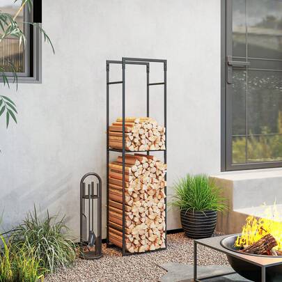 Outsunny Metal Firewood Log Holder, Heavy Duty Firewood Rack With Adjustable Shelf, Indoor Outdoor Fireplace Wood Storage Shelf, 45 X 31 X 170 Cm, Black