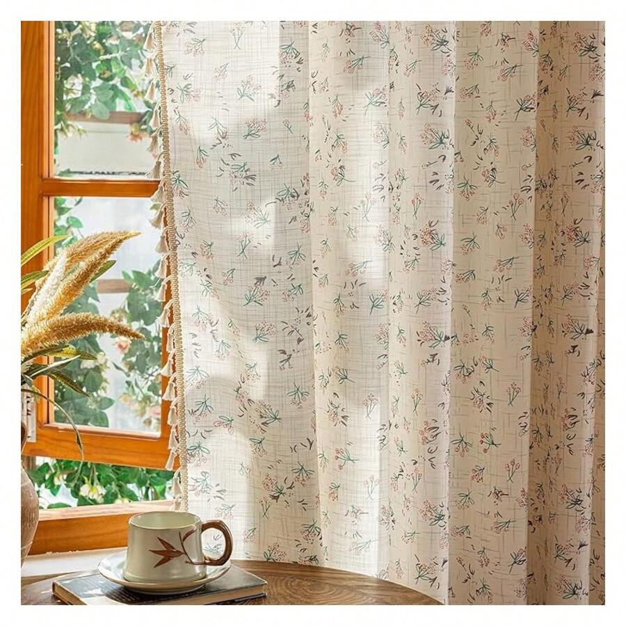 Pink Floral Curtains 63 Inch, 2 Panels Semi Sheer Drapes For Bedroom Living Room, Cute Window Treatments With Tassels, Rod Pocket Farmhouse Decor - 多色182 - 查看 1
