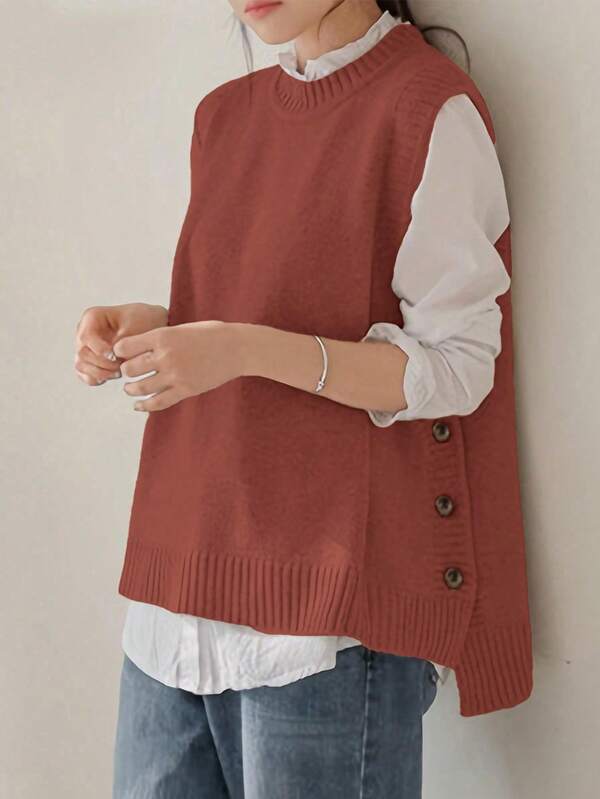 Plus Size Comfortable Cuff Sweater Vest - Soft, Sleeveless, Solid Color Knit Vest For Spring And Fall, Comfortable Casual Women's Clothing For Everyday Wear