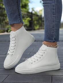 女士高帮运动鞋，经典高帮帆布鞋，系带女士时尚运动鞋 - 白色 - 查看 1