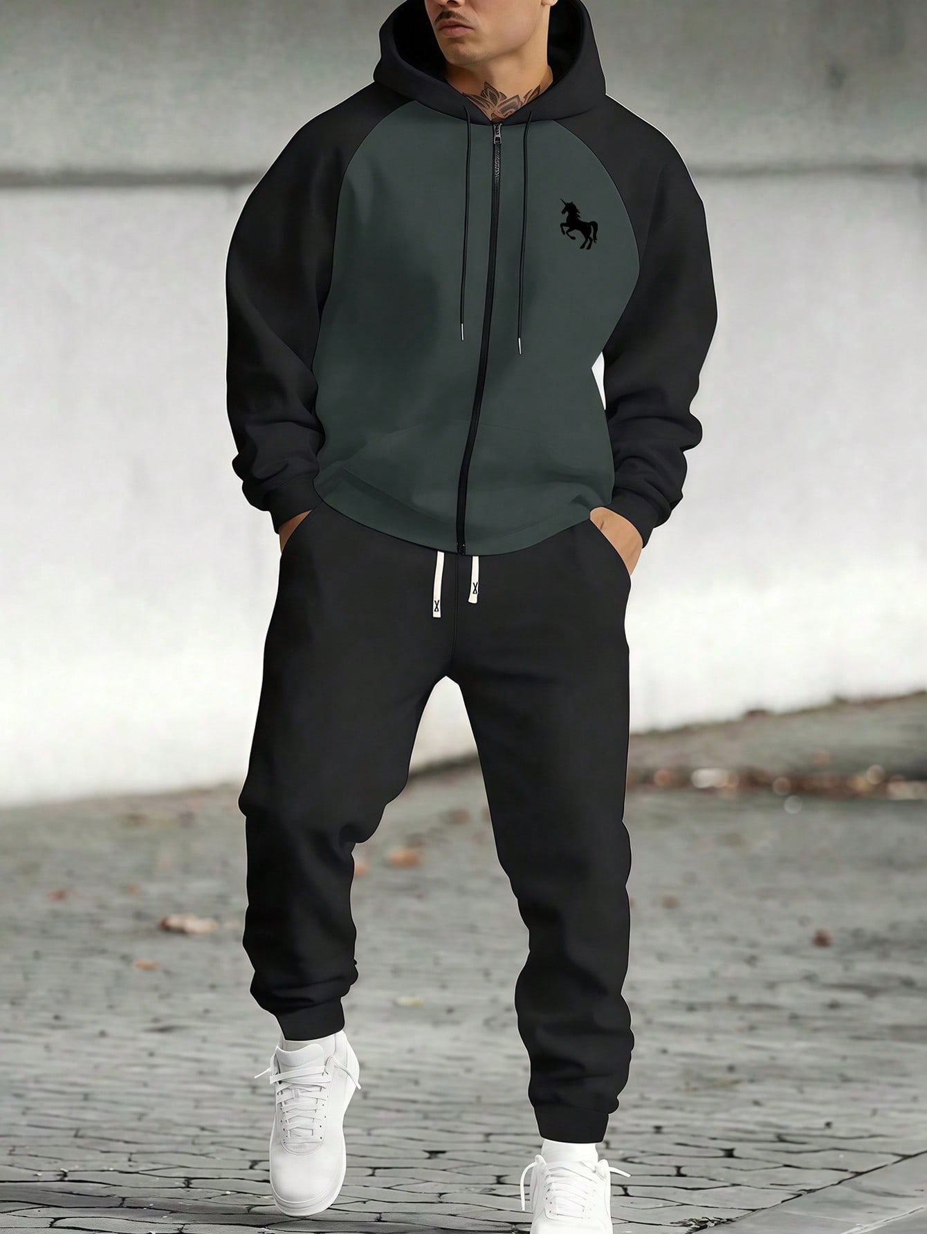 مجموعة هوديي سحاب مطبوع بالحصان ذو الألوان المتباي...