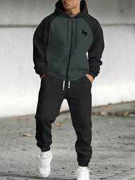 Conjunto de chaqueta con capucha con cremallera y estampado de caballo de color contrastante, y pantalones con cordón en la cintura para hombre, conjunto deportivo casual con bolsillos, adecuado como regalo para esposo o novio, primavera/otoño
