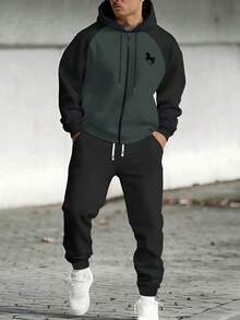 Men's Thin Horse Print Contrast Color Zip-Up Hoodie Jacket And Drawstring Waist Pants Set, Casual Sports Outfit With Pockets, Suitable As Gift For Husband Or Boyfriend, Spring/Autumn - Multicolor - View 1