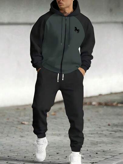 Conjunto de chaqueta con capucha con cremallera y estampado de caballo de color contrastante, y pantalones con cordón en la cintura para hombre, conjunto deportivo casual con bolsillos, adecuado como regalo para esposo o novio, primavera/otoño