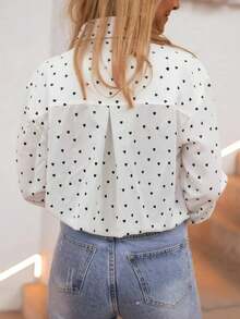 SUNSTORY Women's White Heart Print Collared Long Sleeve Shirt, Fresh Casual Style, Suitable For Holiday Outings, Gatherings, Beach, Daily Commute - White - View 4