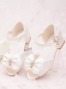 Girls' Crystal High Heel Sandals With Bow, Princess Shoes, White