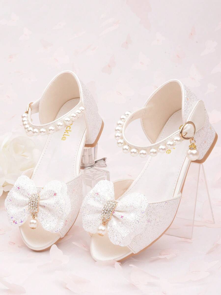 Girls' Crystal High Heel Sandals With Bow, Princess Shoes, White