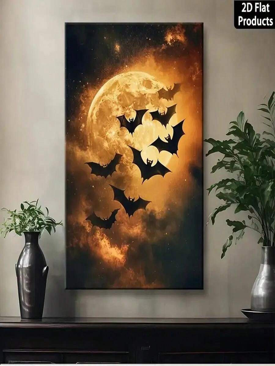 1pc 30*40cm(12*16inch)D Flat, Piece, Retro Vintage Abstract Art - Halloween Bat And Moon Mysterious Night Design, Wall Decoration, Suitable For Bedroom, Living Room, Kitchen, Hallway, Bathroom, Hotel - Ready To Hang And Use, Perfect Home Decoration Gift, Halloween Decoration, Perfect Room Decoration, Halloween Decoration, Christmas Decoration, School Supplies, Wedding Decoration, Frameless Wrapped Edge Canvas Painting