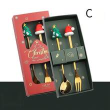 1 Conjunto Caixa de Presente Garfo e Colher de Natal, Colher de Café de Aço Inoxidável, Garfo de Sobremesa, Decoração de Caixa de Presente de Natal, Rena, Papai Noel, Árvore de Natal, Série Meia de Natal, Presentes de Festa de Feriado - Multicolorido - Visão 7