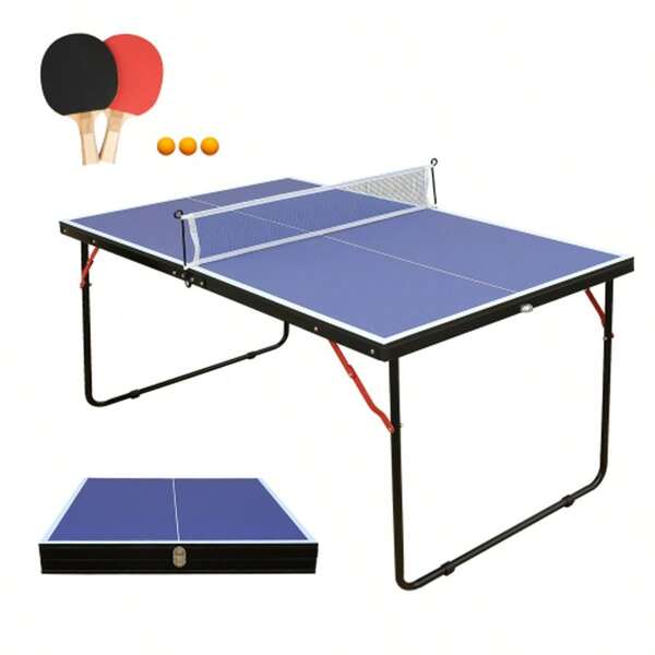 Tavolo da ping pong con rete e set di racchette, tavolo da ping pong pieghevole per interni ed esterni per bambini e adulti, superficie di gioco blu, include 2 racchette e palline, facile da montare