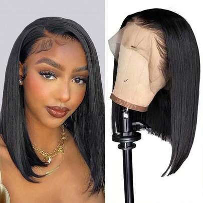 Eulisi Tóc giả ngắn kiểu bob 13x4, 100% tóc thật, mật độ 180%, tóc giả thẳng có ren phía trước, tóc thật dành cho nữ, tóc giả ren phía trước mật độ cao không cần keo, 60% tóc thật, đã tỉa sẵn, có tóc con, đường chân tóc tự nhiên, dài 8-14 inch.