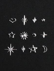 12 Fächer Silberfarbenes Metall Nagel Ornamente Sterne Mond Herz Nieten Nagelkunst Dekorationen Japanischer Stil 3D Legierung Nagel Nieten Schmuck für Maniküre DIY Kunst Dekorationen