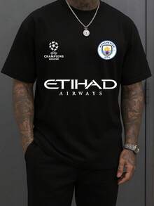 Manchester City Men's Casual Sporty Cotton T-Shirt With Front Print - 黑色 - 查看 1