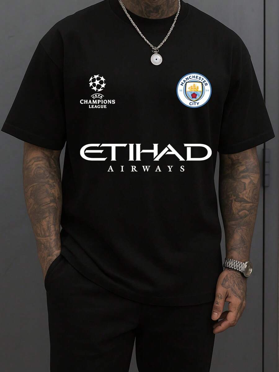 Manchester City Men's Casual Sporty Cotton T-Shirt With Front Print - 黑色 - 查看 1