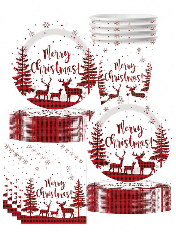 10pcs Christmas Decoration Elk Theme Disposable Paper Plates Paper Cups Paper Towels Tableware Set Holiday Arrangement Kitchen Paper Dinner Plates Camping Camping Travel Supplies Holiday Tableware Christmas Supplies