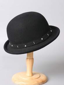 1 peça elegante chapéu de feltro de lã macia de alta qualidade com parte superior redonda e versátil para mulheres, decorado com flores de contas e acabamento em renda, aba curta da moda