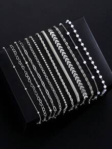 12pcs Set Minimalist Heart Faux Pearl Rhinestone Snake Chain Bracelet Set, Suitable For Dates, Vacations, Gifts, Daily Matching, Party Outfits, Suitable For Girlfriend, Friends