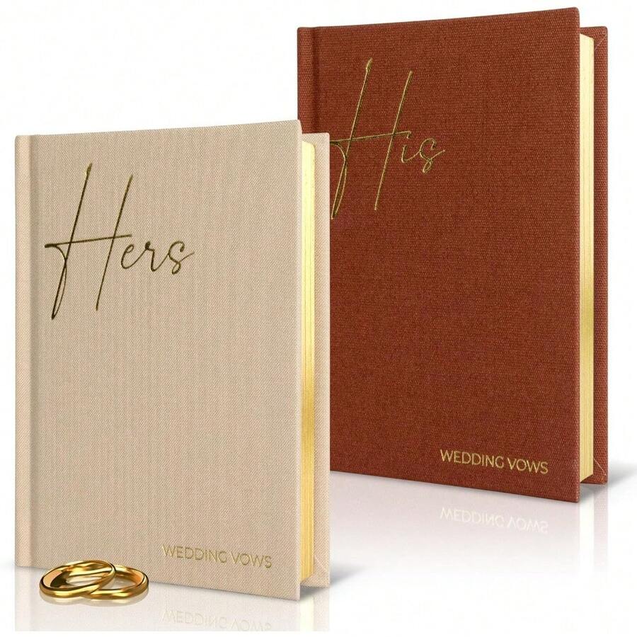 Elegant Linen Wedding Vow Books With Gold Foil Lettering - Perfectly Sized His And Hers Vow Books With Plenty Of Pages To Write Whatever Is On Your Heart - A Beautiful Addition For The Wedding Day , Thanksgiving Gifts, Christmas Gifts, Halloween Gifts, Valentine's Day Gifts, New Year Gifts - 赤陶米色 - 查看 1