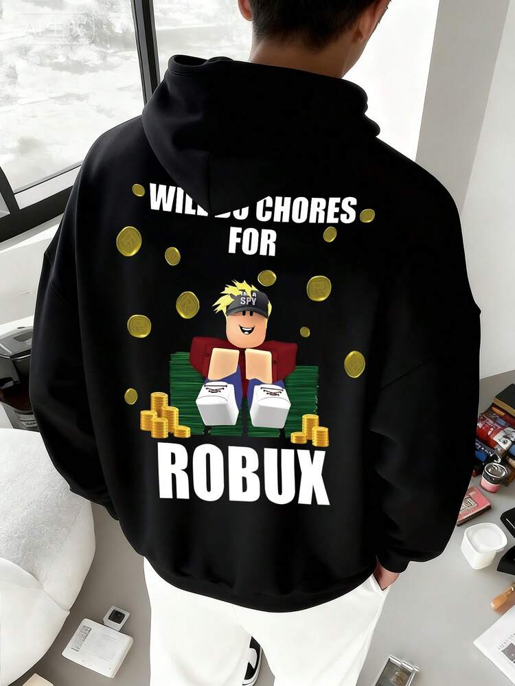 Sudadera casual con estilo para adolescentes varones con personaje de dibujos animados de videojuegos y patrón de moneda, adecuada para uso en otoño/invierno, apropiada para estudiantes para uso diario, fiestas, escuela, festivales de música, vacaciones, ir y venir, puede ser un regalo para familia, novio, novia, amigos - Negro - Añade 1