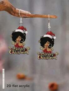1 Pair Elegant & Sexy African American Women Christmas Pendant Earrings, Acrylic Painting Design, Stainless Steel Earring Hooks, Lightweight & Fashionable, Suitable For Daily Wear And Party Celebrations, Can Be Used As Holiday Gifts, Halloween And Christmas Gifts.