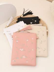 1 pezzo Set di borsa a tracolla e portafoglio da donna, nuova borsa a spalla da donna in pelle PU con decorazione ricamata a foglie e fiori, stile minimalista casual da college, pochette telefonica con nappine, leggera busta, portafoglio e borsa da donna, borsa a tracolla, regalo per lei, portafoglio mini, borsa rosa, regalo