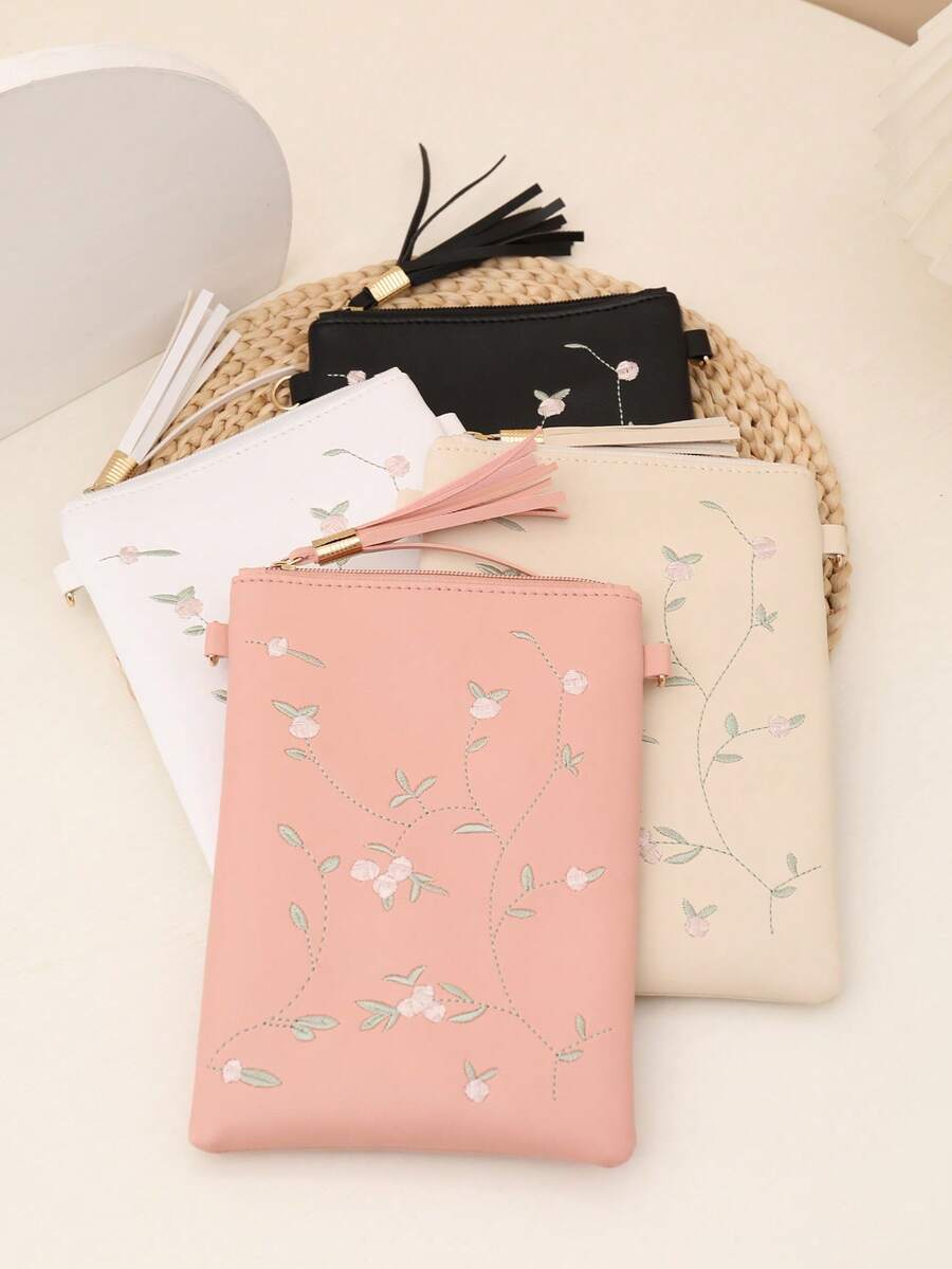 1 pezzo Set di borsa a tracolla e portafoglio da donna, nuova borsa a spalla da donna in pelle PU con decorazione ricamata a foglie e fiori, stile minimalista casual da college, pochette telefonica con nappine, leggera busta, portafoglio e borsa da donna, borsa a tracolla, regalo per lei, portafoglio mini, borsa rosa, regalo