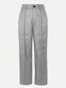 Pantalones rectos de unicolor con cremallera y botón de la marca Jessfine, en color gris, elegantes para ir a la oficina o para usar en primavera y verano - Gris - Ver 3